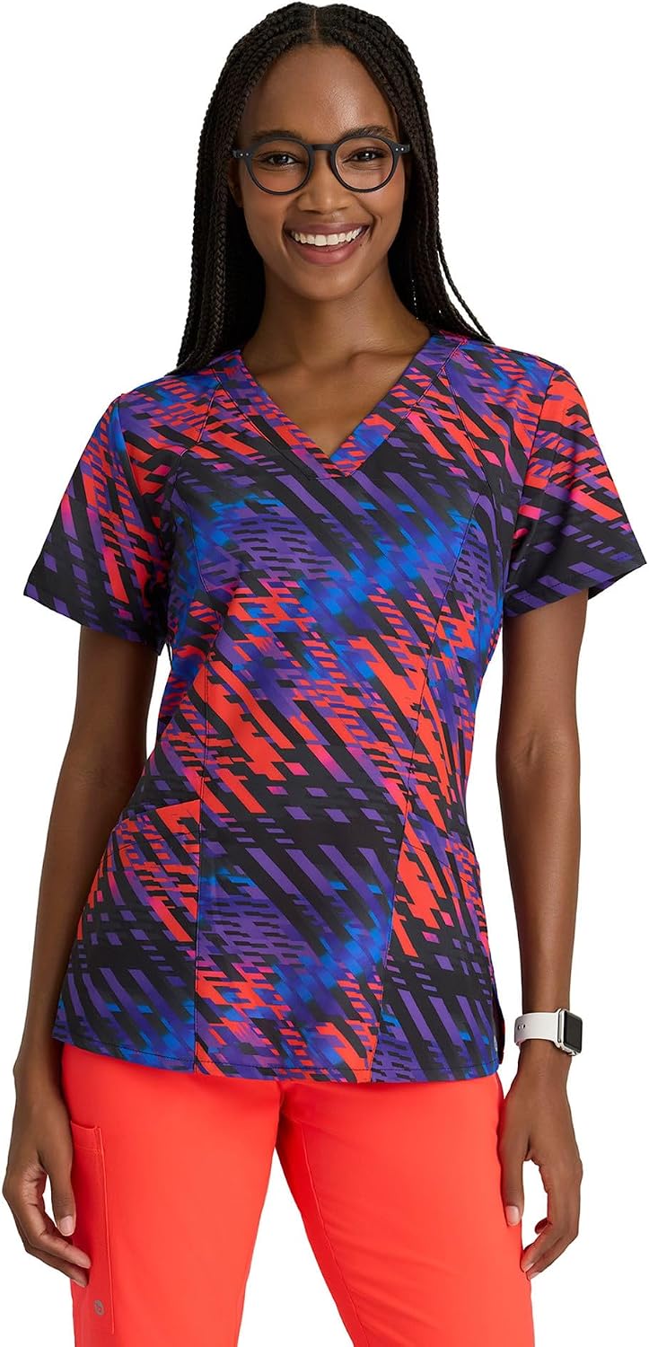 BARCO One Printed Scrub Top for Women – 4-Pocket, Moisture-Wicking V-Neck Shirt with 360 Spandex Stretch
