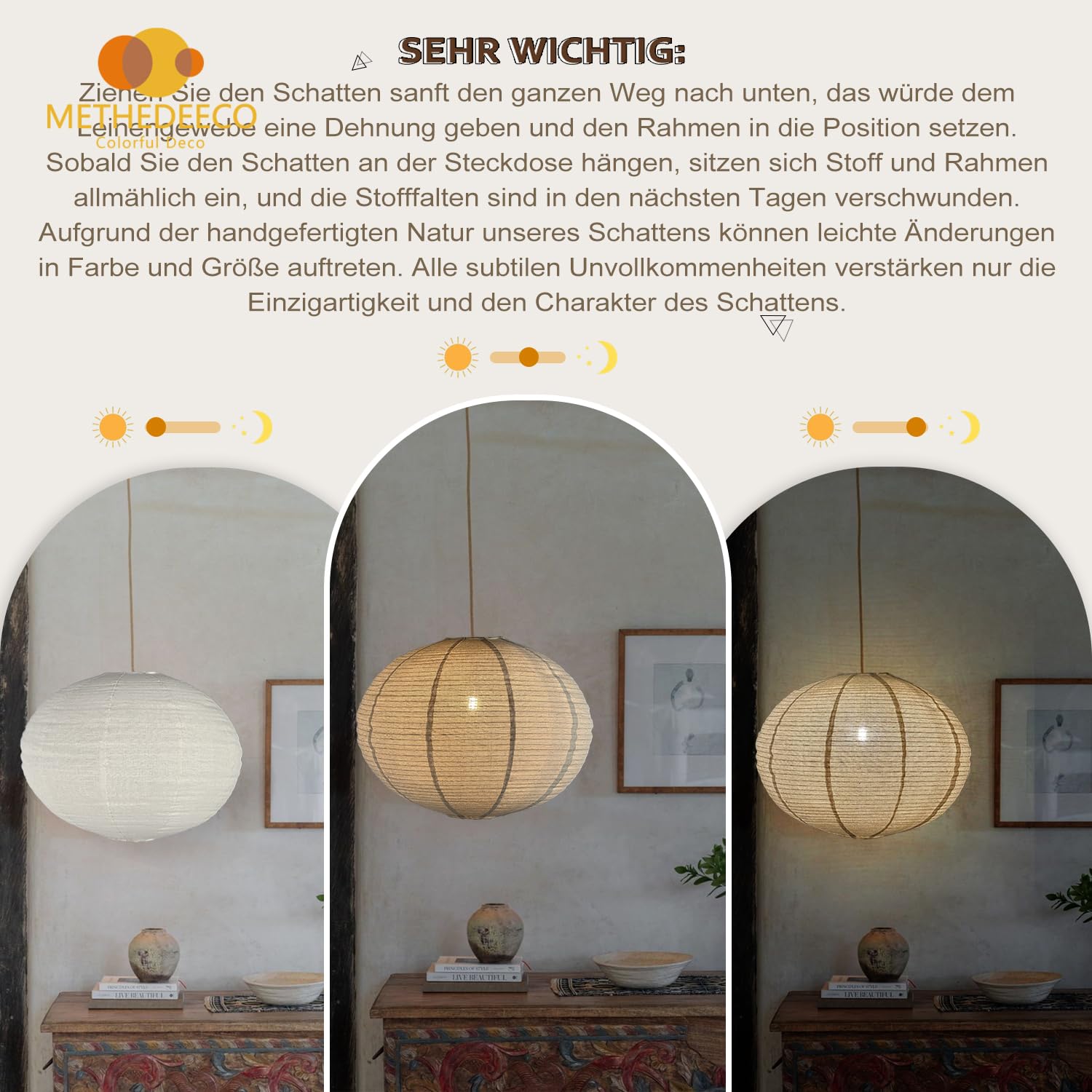 Methedeeco Hängeleuchte Mit Stecker – Boho-Lampe Aus Leinen & Bambus, Handgefertigt, 45 Cm, Für Schlafzimmer, Wohnzimmer & Flur Hängeleuchte Stecker Leinen
