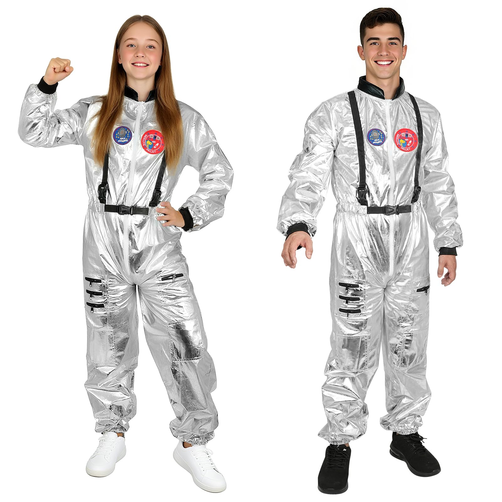 AUYAO Astronaut Kostüm Erwachsene Herren Frauen, Silber Astronauten Space Anzug Weltall Kostüm mit Taschen, Spaceman Raumfahrer Costume für Damen Herren Faschingskostüme Halloween Cosplay Karneval