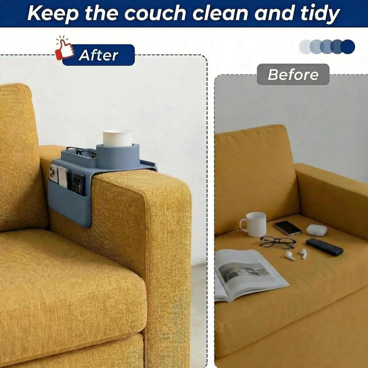 Silicone Couch Cup Holder Tray, 3-Side Sofa Armrest Organizer with Secure Gear-Shaped Locking Holder & Large Tablet Slot, Non-Slip Weighted Armchair Caddy, Couch Accessories (Grey)