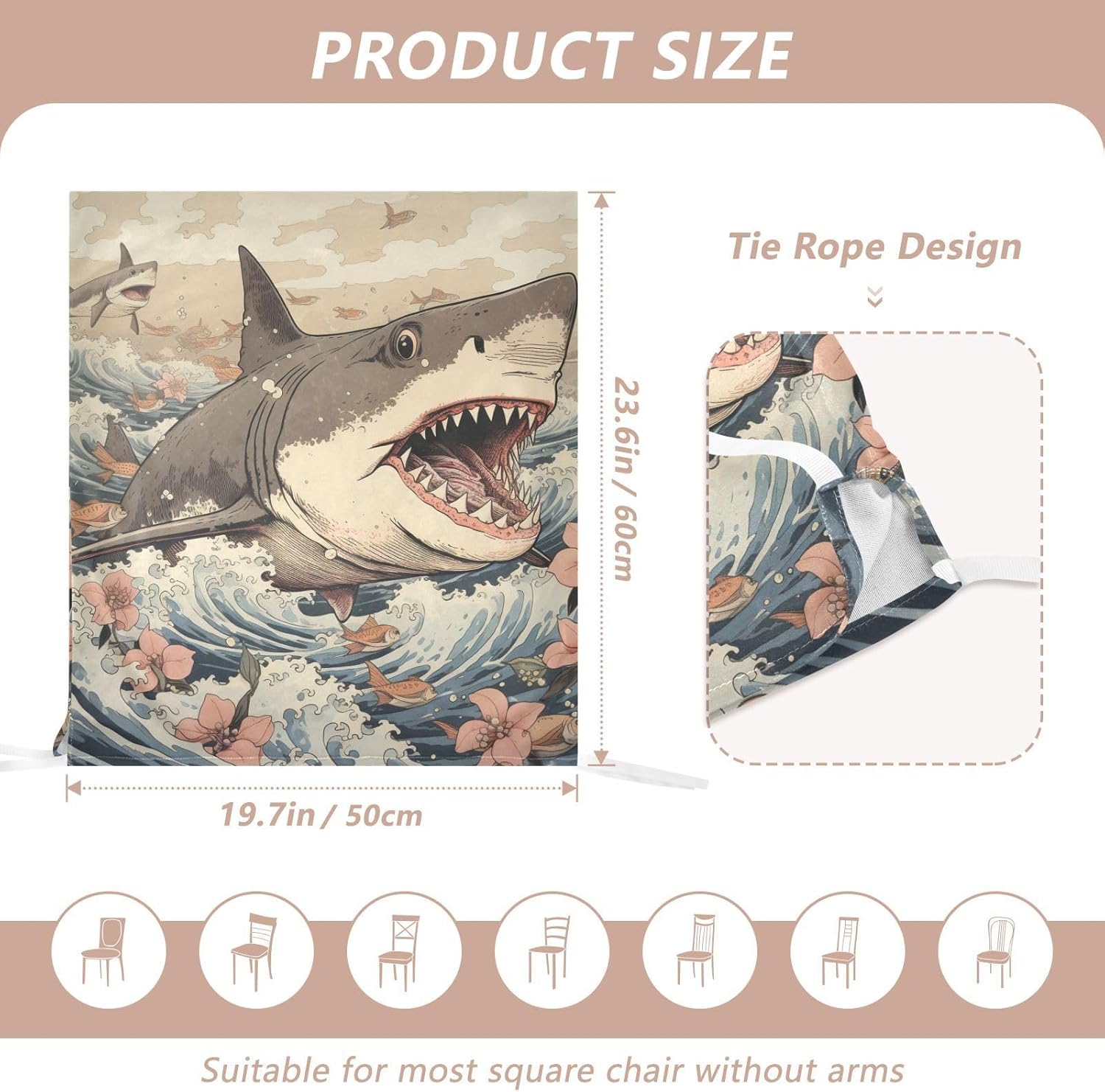 ALAZA Cute Sharks Ocean Waves Flowers Chair Back Cover Set of 6, Washable Reusable Removable Chair Slipcovers Decorative Chair Cover for Home Kitchen Wedding Party