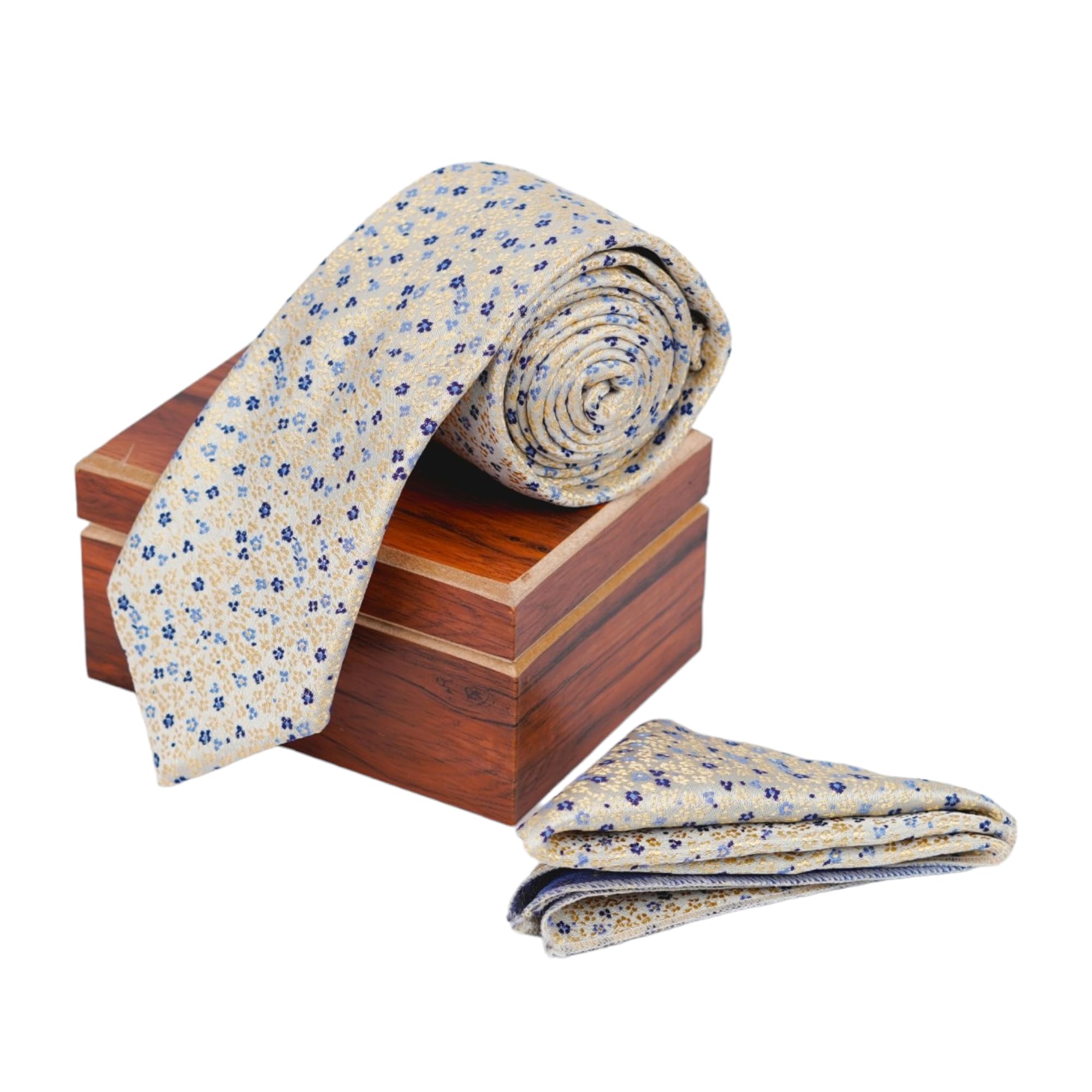 THE DELHI LOOM Men's Micro Silk Tie & Pocket Square Gift Set with Wooden Box – Floral Fields Design in Ivory Golden & Blue – Ideal for Weddings, Celebrations & Formal Wear - Image 3 thumbnail