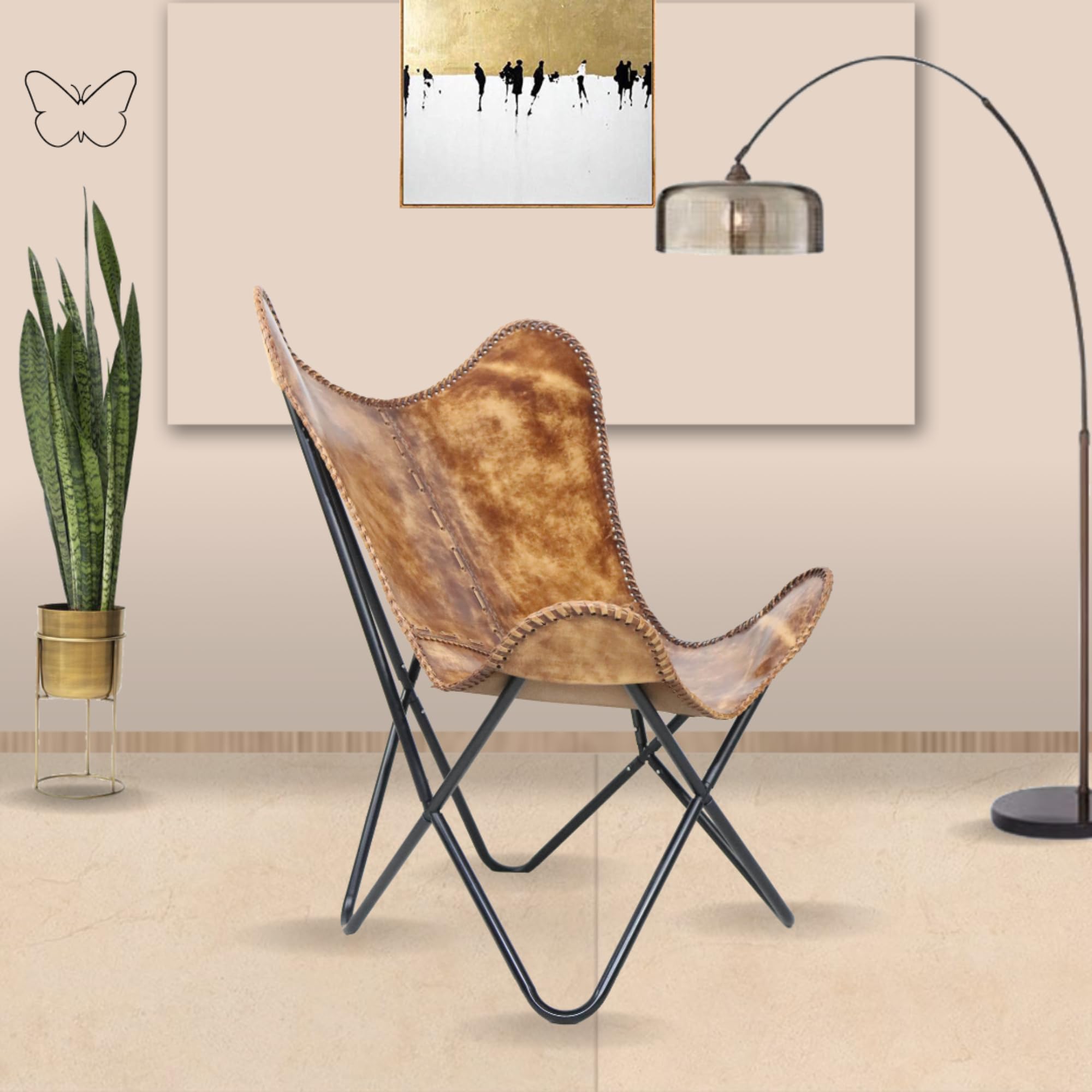 THE CHARMIKA Relaxing Leather Butterfly Chair Brown Antique Living Room Chair Accent Chairs Leather Chair with Black Metal Base (Iron Frame with Brown Antique Cover).