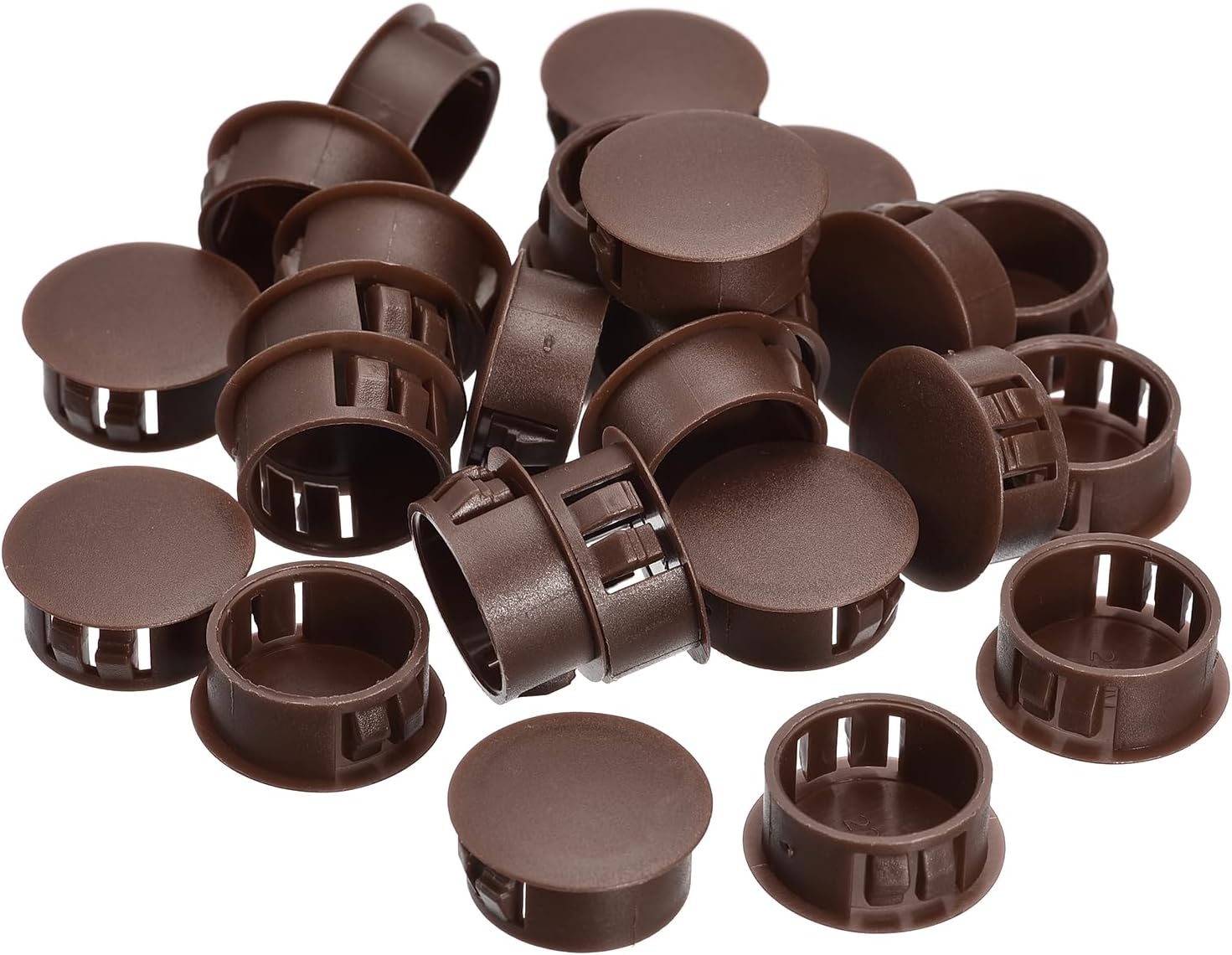 sourcing map 22mm(55/64") Plastic Hole Plugs, 26Pcs Flush Type Panel Round Snap in Fastener Knockout Locking Plugs for Furniture Insert End Caps Panels, Brown