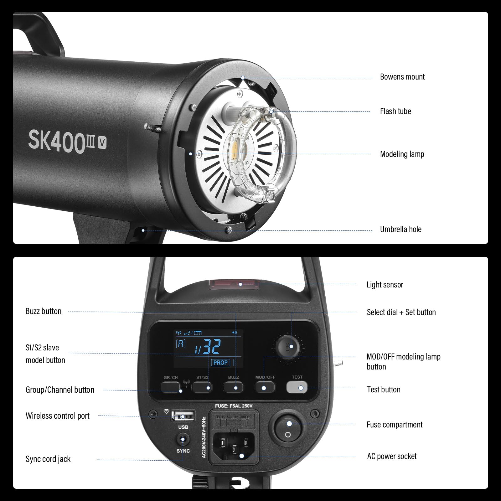 GODOX SK400IIIV lampa błyskowa SK400IIV Upgrade Monolight Flashs, profesjonalna lampa studyjna, światło wideo LED, złącze Bowensa, 400 W, 2,4 G, bezprzewodowy system X, 5700 ± 200 K, lampa modelowa
