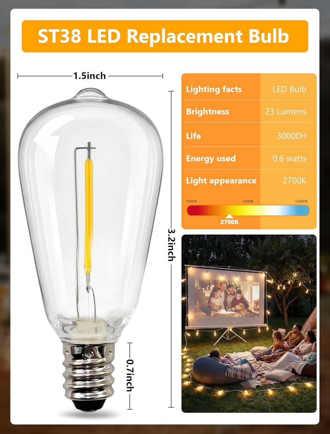 Abeja 25 Pack ST38 LED Replacement Bulbs, E12 LED Shatterproof 0.6W, 1 Watt Equivalent to 7 Watt Traditional Bulb, E12 Base String Light Bulbs for Outdoor Patio Garden String Lights, Warm White 2700K