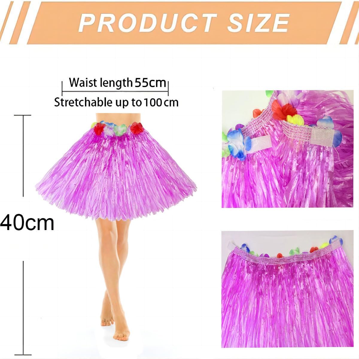 40cm Girl's Elastic Hawaiian Hula Dancer Grass Skirt with Flower Costume