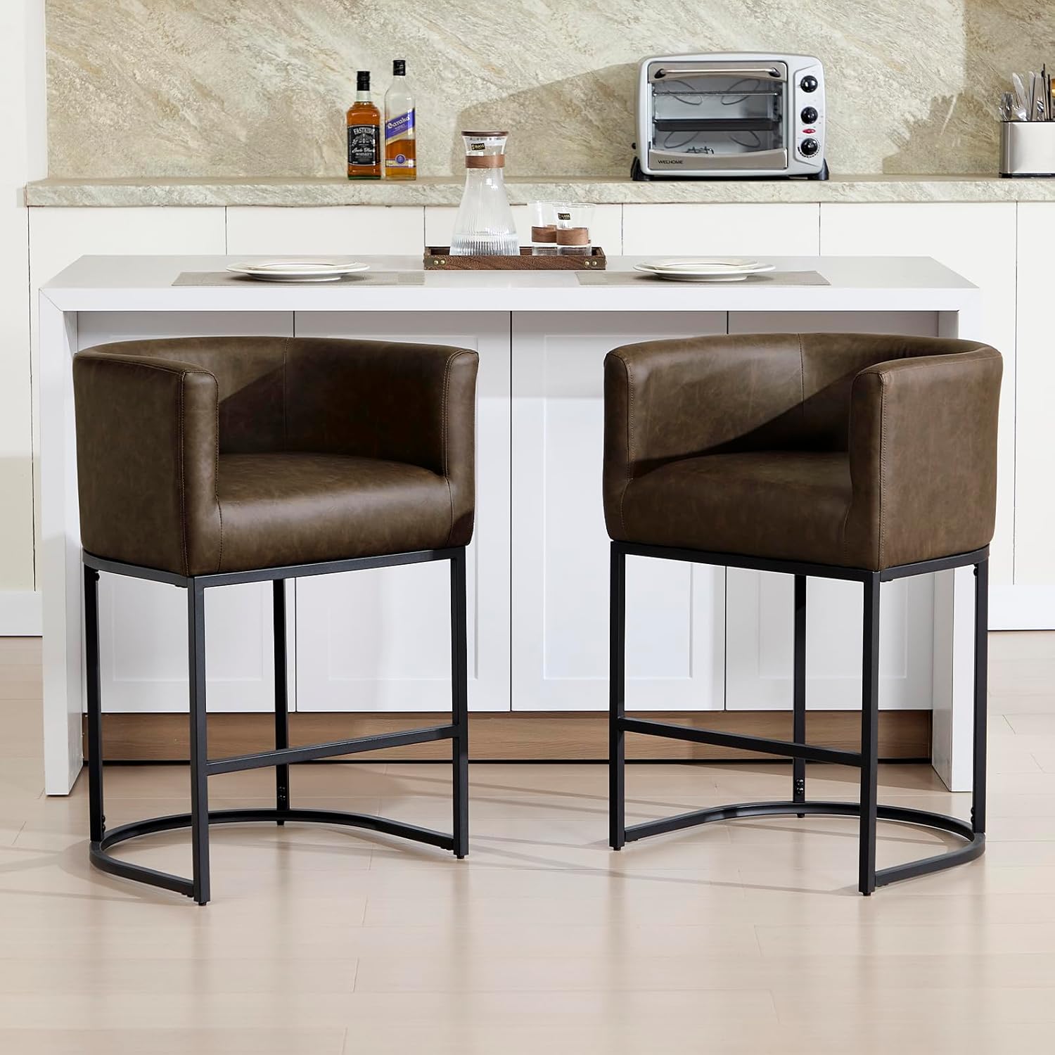 Counter Barstools Set of 2, 26”Modern PU Leather Kitchen Island Stool, Upholstered Bar Chair with Black Tubular Frame for Bar, Kitchen, Dining Room, Brown