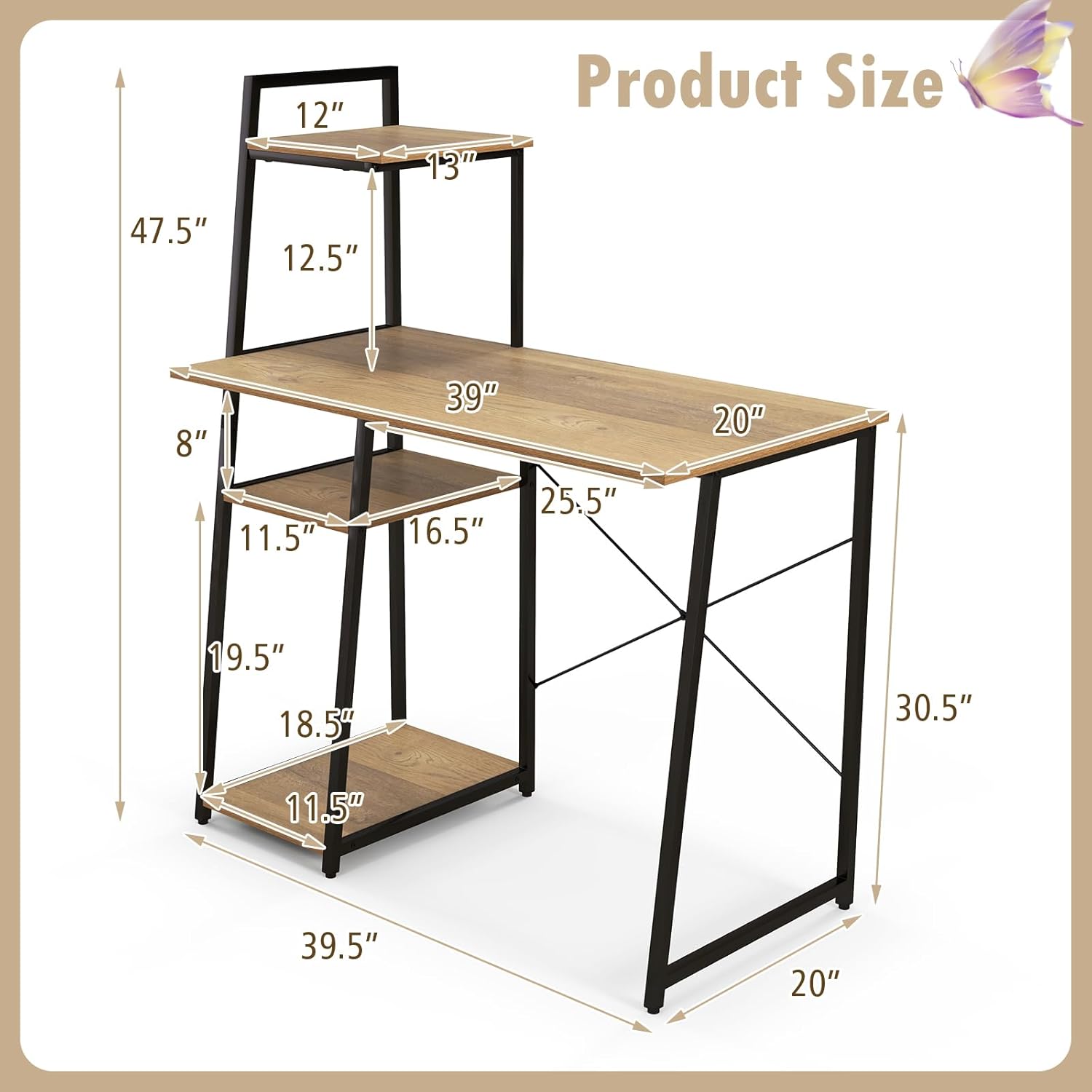 COSTWAY Computer Desk with 4-Tier Storage Shelves, Home Office Desk Writing Table with Sturdy X-Shape Frame, Adjustable Foot Pads, Modern Small Study Desk, Wide Tabletop (Natural and Black)