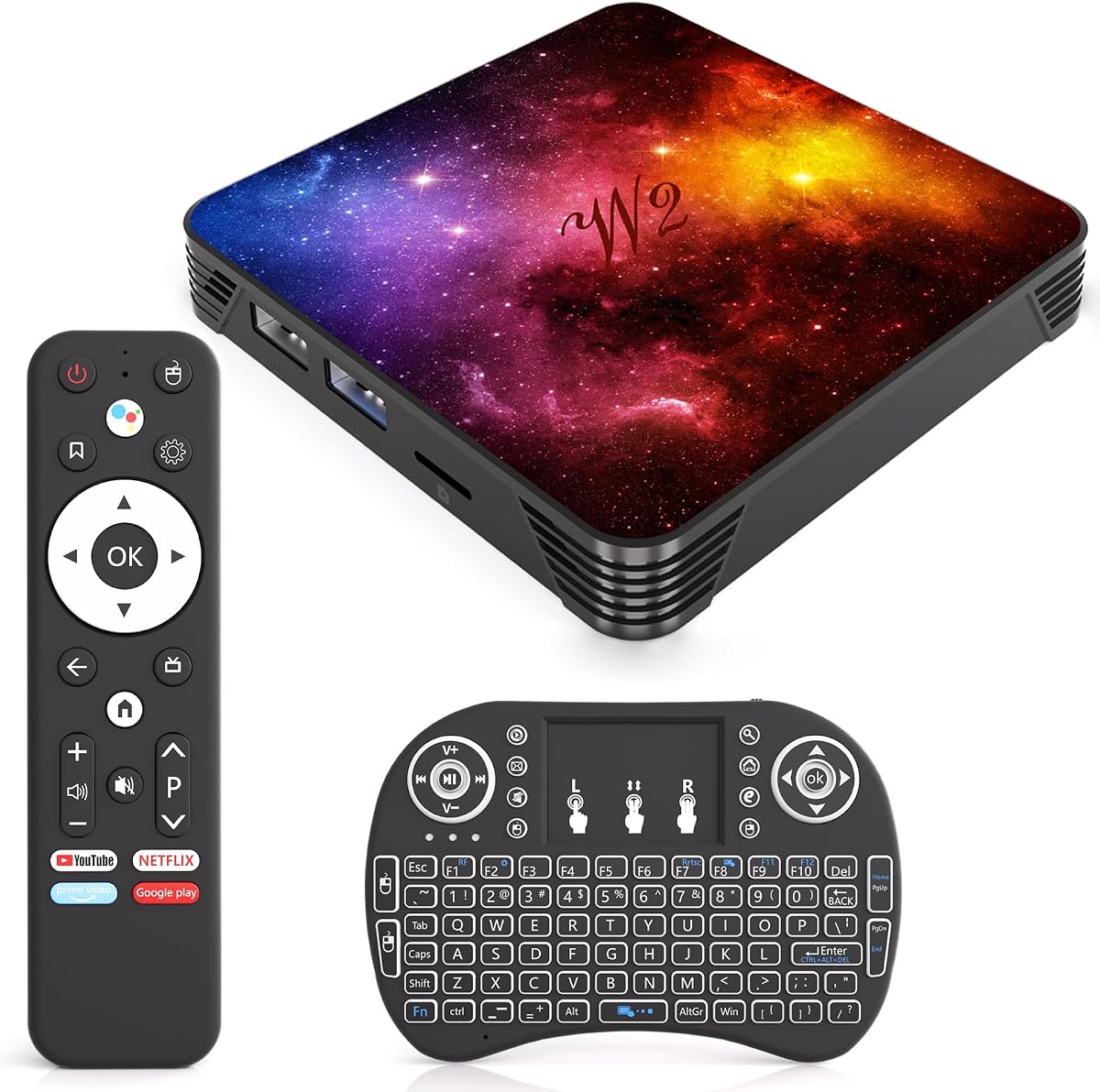 Android 14.0 TV Box 4GB RAM 64GB ROM, procesador de cuatro núcleos, mini teclado | Reproductor multimedia 4K UHD 60Hz HDR, banda dual 2,4G/5G WiFi 6 Bluetooth, USB 3,0 HDMI LAN H.265 decodificación caja de transmisión inteligente