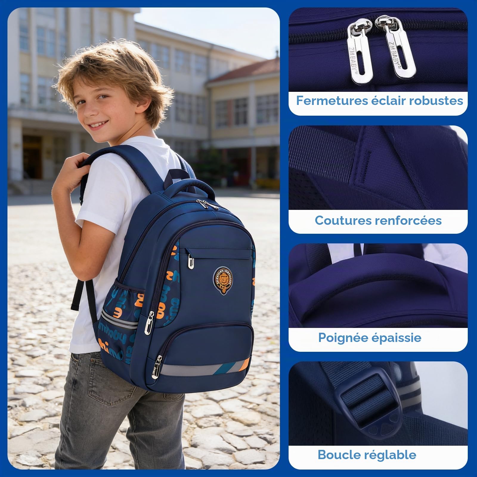 Amythe Cartable Garcon Primaire Renforcé, Sac d Ecole Garçon Ergonomique CP CE1 CE2 CM1 CM2, Sac à Dos Enfant à la Mode pour l'école Primaire, Bleu Marine