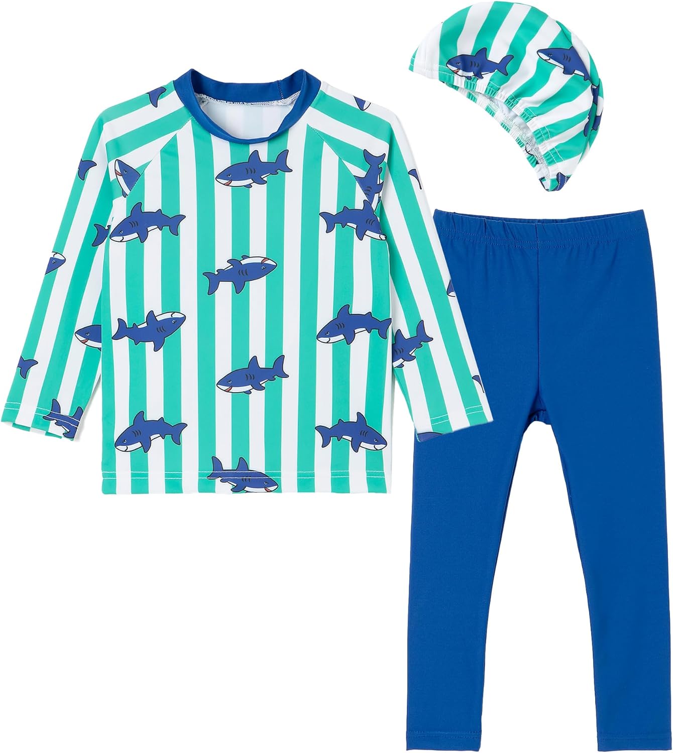Ozkiz Kids Shark Swimwear Set – Long Sleeve Rashguard, Stretchy Leggings, Matching Swim Cap