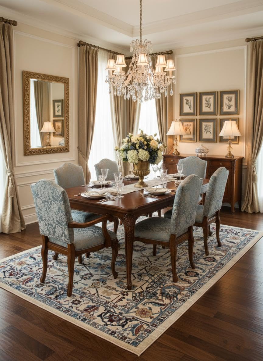 RUGSTAR Topkapi Beige Floral Turkish Carpet – Beige & Blue Power Loomed Luxury Rug for Living Room, Beige & Blue (6ft X 9ft)