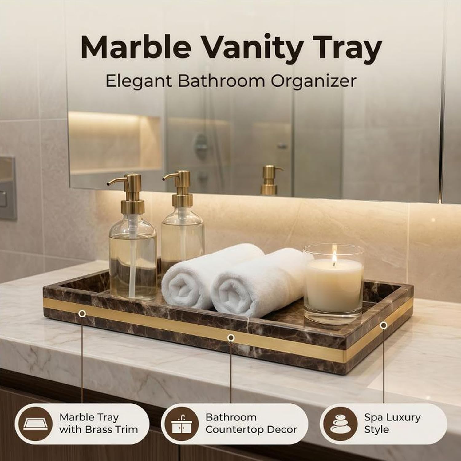 Marble Tray for Bathroom, 12" Marble Vanity Tray Organizer image 3