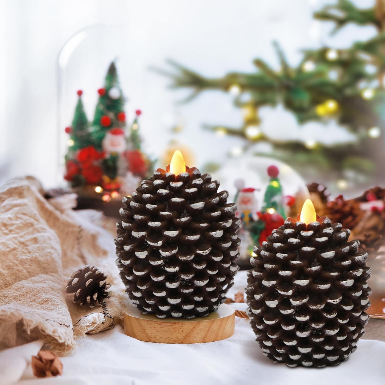 Wondise Candele senza fiamma con timer 6H, stoppino tremolante a batteria, candele in vera cera a forma di pigna, per decorazione di interni e festività, set di 2, marroni (8,9 x 11,9 cm)