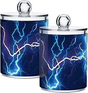 2 Pack Qtip Holder Dispenser for Cotton Ball Blue Lightning Galaxy Cotton Swab Round Pads Clear Plastic Acrylic Jar Set Bathroom Canister
