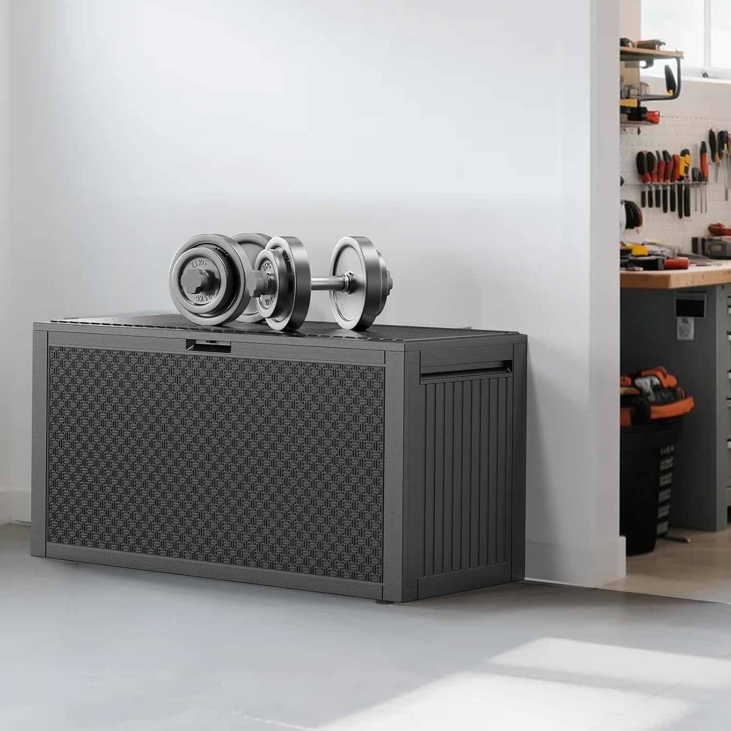 Outdoor Storage Box, 90 Gallon Deck Box, Waterproof Resin Storage Bin for Patio Cushions, Gardening Tools, Lockable, UV Resistant, Black