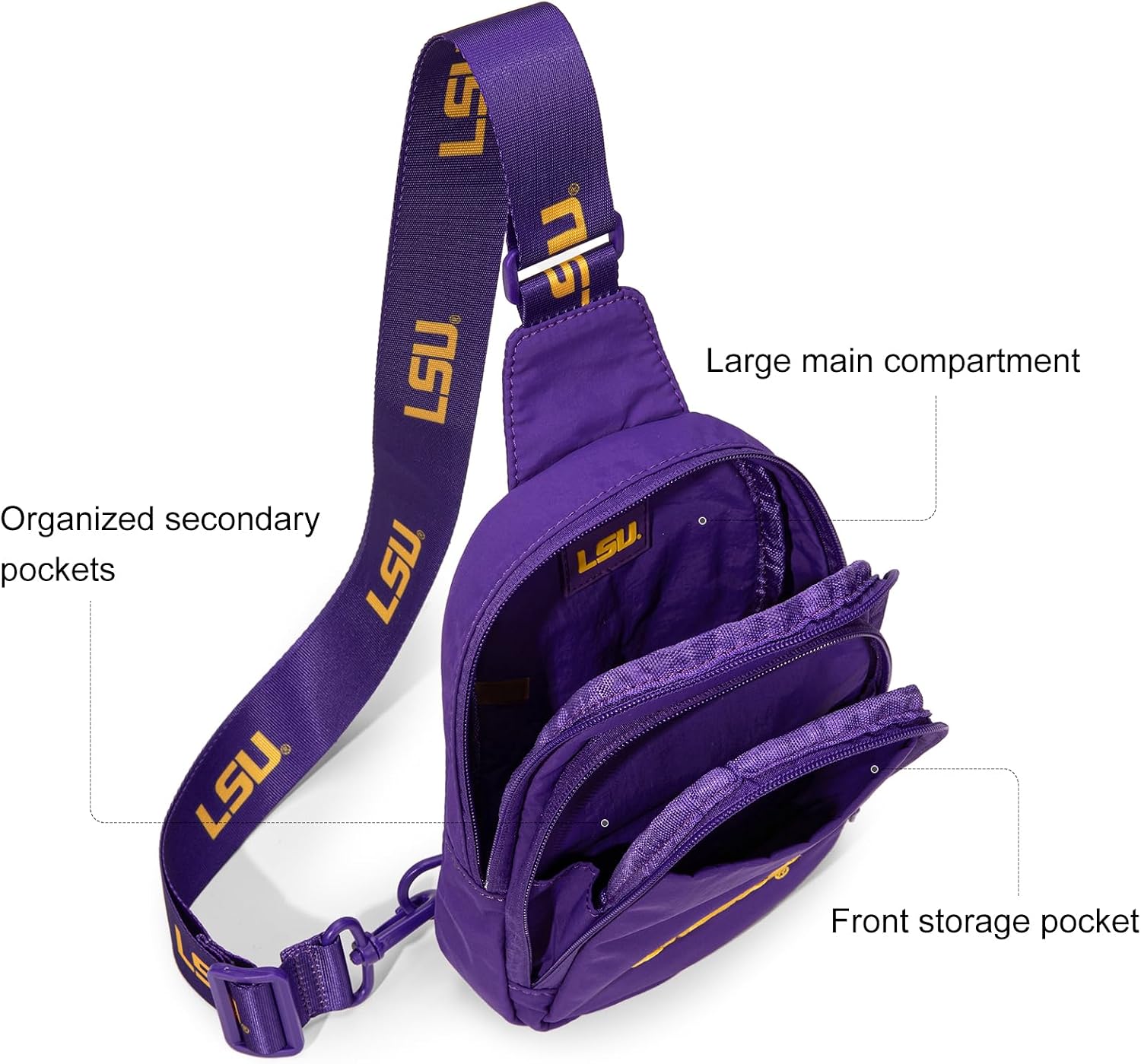 Montana West LSU Sling Bag Quilted Crossbody Bags for Women/Men, LSU Team Travel Sling Bag with Convertible Shoulder Strap, Cross Body Bag for Gift, Game Day & Concert | NC-LSU018PP