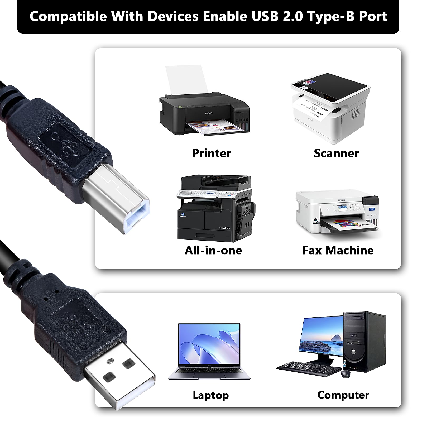 Lot de 10 câbles USB 2.0 de 3 m, câble USB de type A vers B haute vitesse pour imprimante/scanner, câble USB 2.0 A mâle vers B mâle avec 480 Mbit/s (3 m)