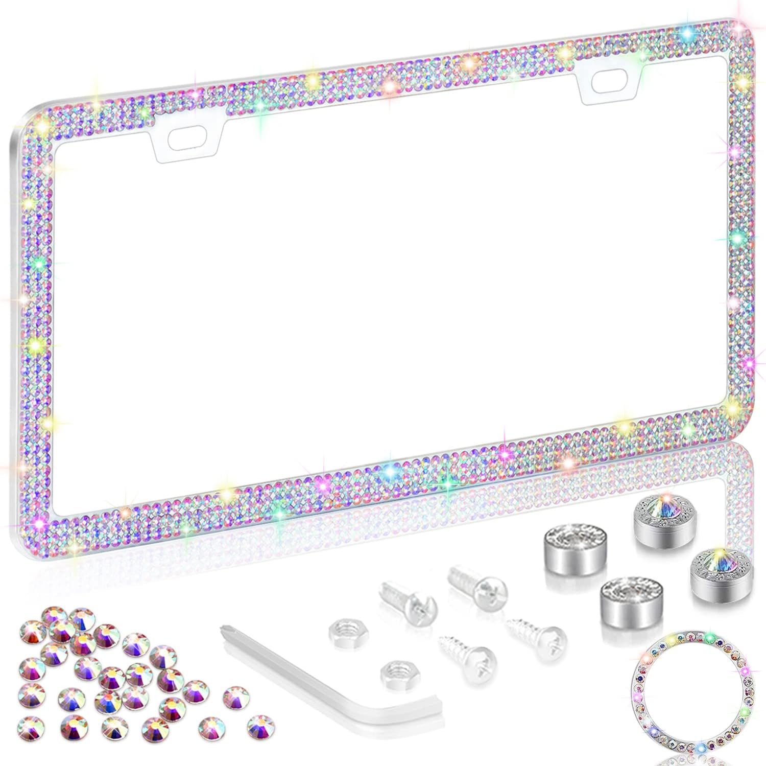 OUCPC Bling Rhinestone License Plate Frame for Women Girl, Multicolor Sparkly Glitter Stainless Steel Thin Diamond Car Plate Frames and Rhinestones Car Bling Ring