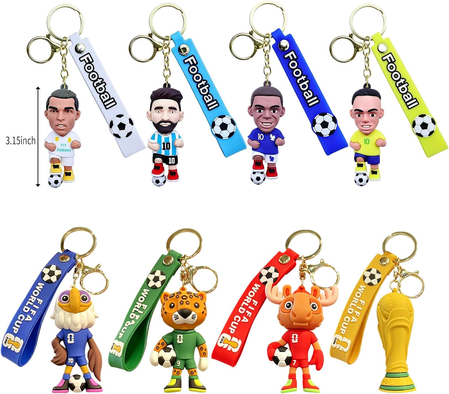World Cup Keychain, 3.2 Inch PVC Soccer Figure Key Ring Set, Official Fan Collectible Gift for Keys Backpack Purse