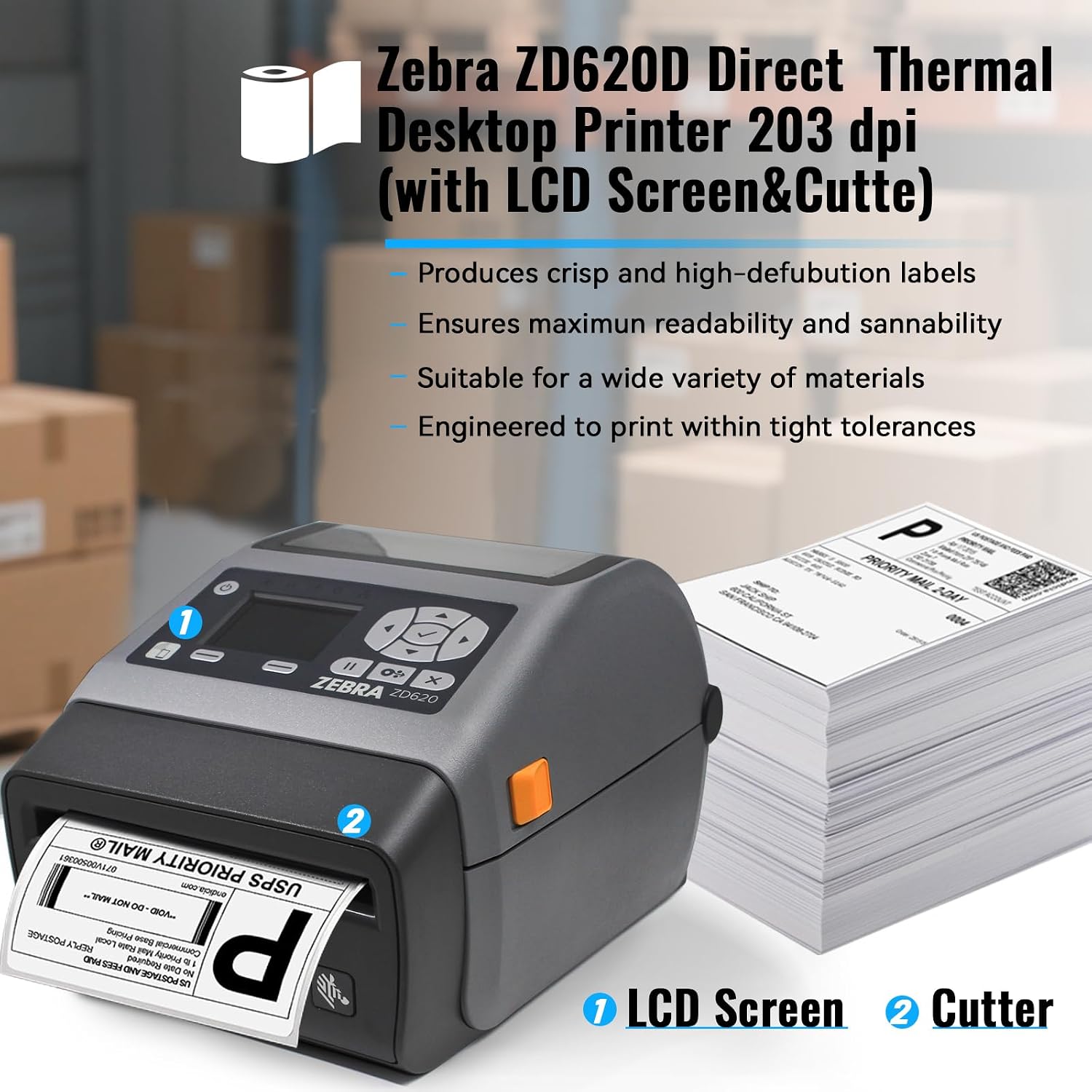 Zebra ZD620d Direct Thermal Desktop Printer ZD620 with Cutter + LCD Screen 203 dpi Print Width 4 in Bluetooth Interface-Ethernet, Serial, USB - ZD62142-D2EF00EZ
