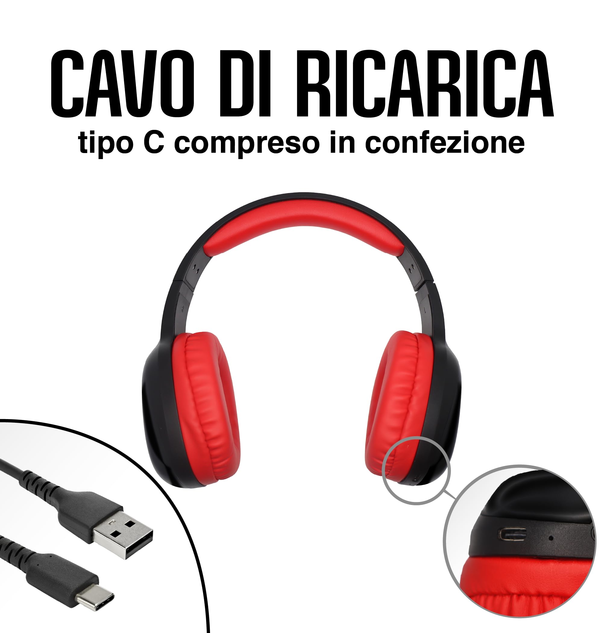 TECHMADE Ac Milan- Cuffie Senza Filo Cuffie Wireless Over-Ear, Cuffie Bluetooth Regolabili, Cuffie con Microfono Incorporato, HiFi Stereo, Micro SD Slot, per iPhone/Android/Viaggio/PC