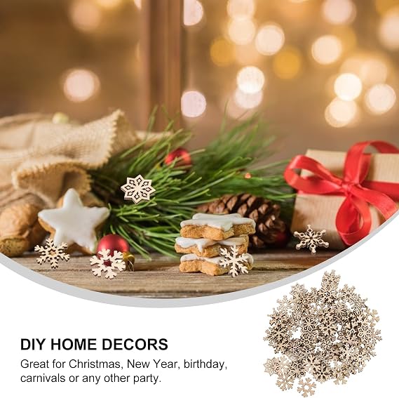 100pcs Assorted Pattern Wooden Pieces Christmas Snowflake Cutouts Craft Embellishments DIY Decorative Accessories Manual Ornament for DIY Art
