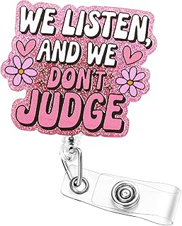 Soleebee Funny Nurse Badge Reel, We Listen and We Don’t Judge Retractable Badge Holder, ID Badge Clip with 360° Swivel Alligator Clip for Students LPN CNA MA Medical Worker Teacher Doctor