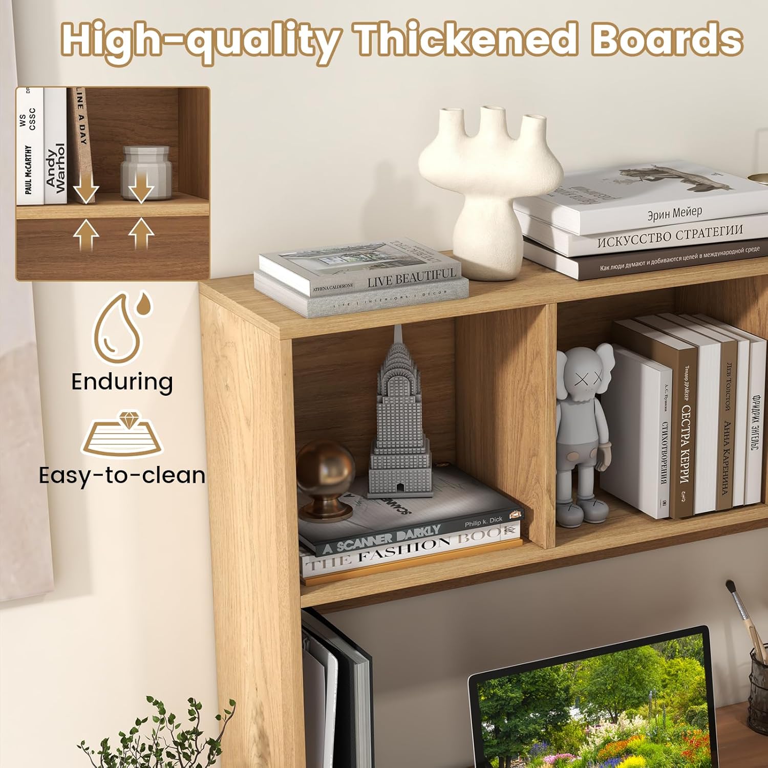MAT EXPERT Desktop Bookshelf, Wooden Desk Shelf for Top of Desk with Anti-Tipping Kits & Non-Slip Foot Pads, 4 Shelves Waterproof, 2-Tier Multi-Functional Desk Hutch for Home, Office, Dorm (Natural)