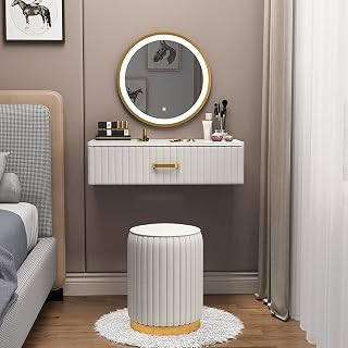 Mesa de tocador con espejo de pantalla táctil y luces LED, juego de maquillaje montado en la pared con taburete tapizado para mujeres y niñas (beige, 60 cm)