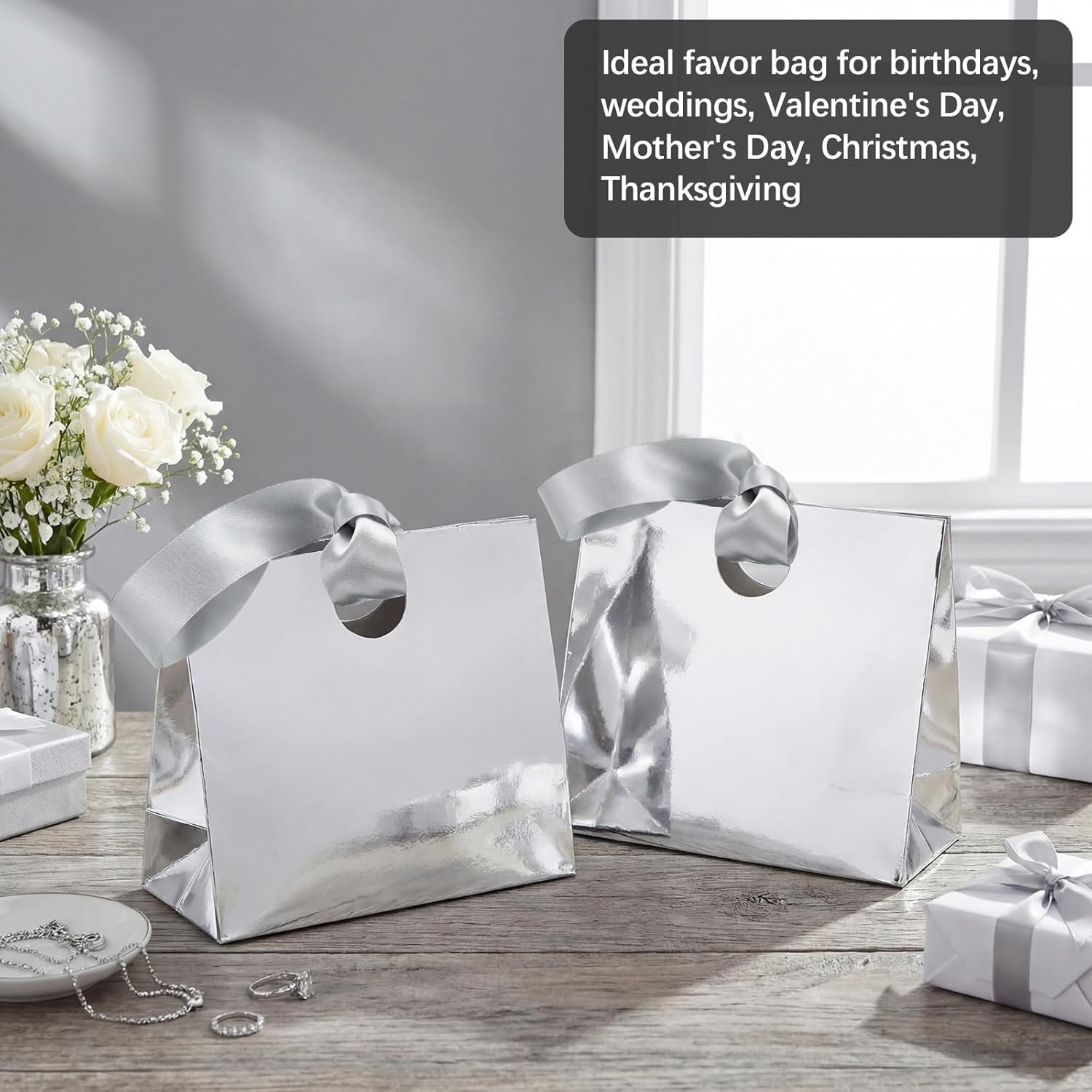 Feifeiya 30 Pcs Small Silver Gift Bags with Ribbon Handles 7.87" x 3.54" x 7.09" Bulk Paper Goodie Bags for Birthday Wedding Bridal Baby Shower Party Favors