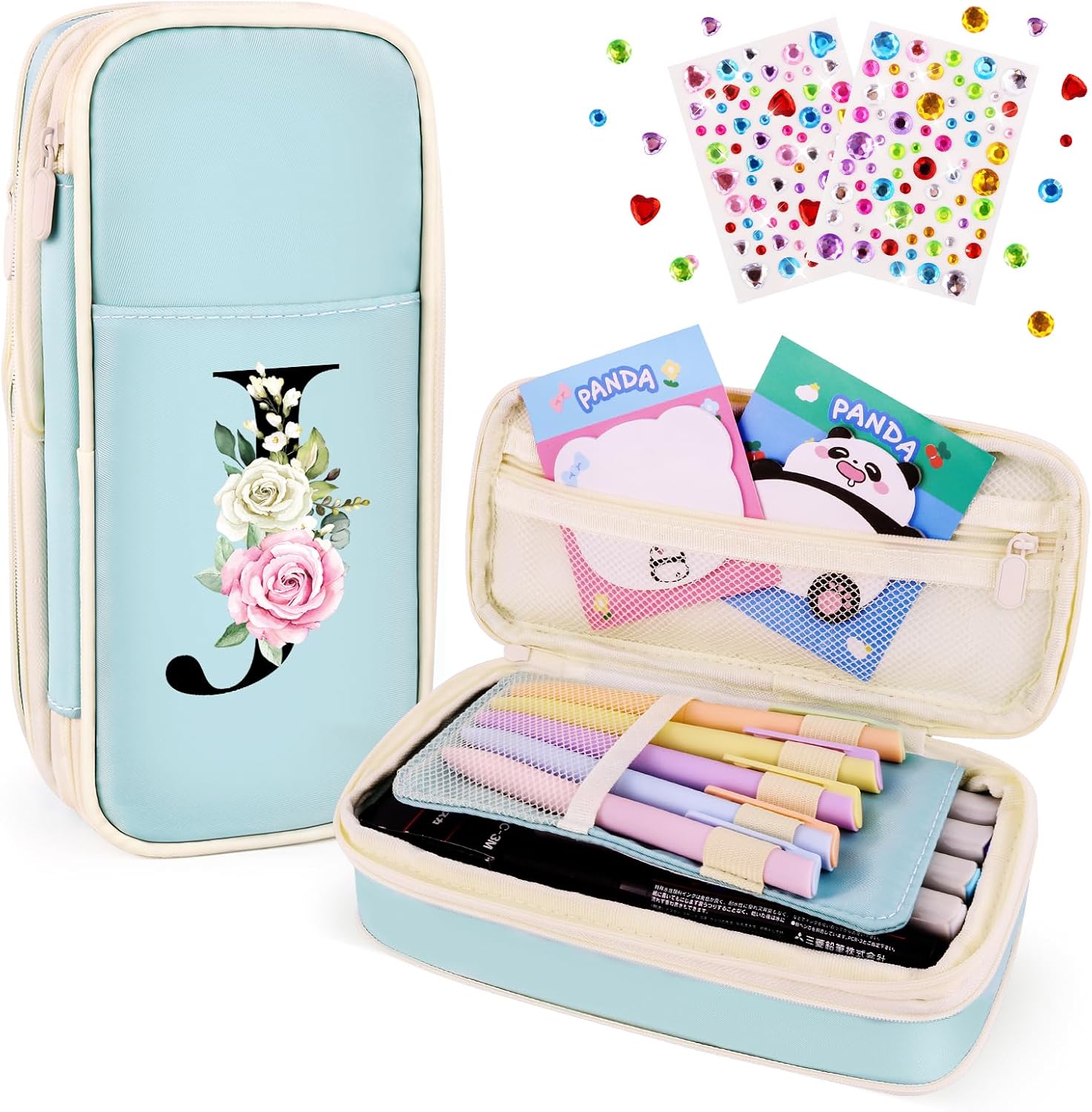 Preppy Pencil Case for Girls, Cute Large Pencil Pouch, Personalized Initial Pencil Bag with Zipper for School College Office Supplies, Back to School Supplies Gifts for Teen Girls (J, Blue)
