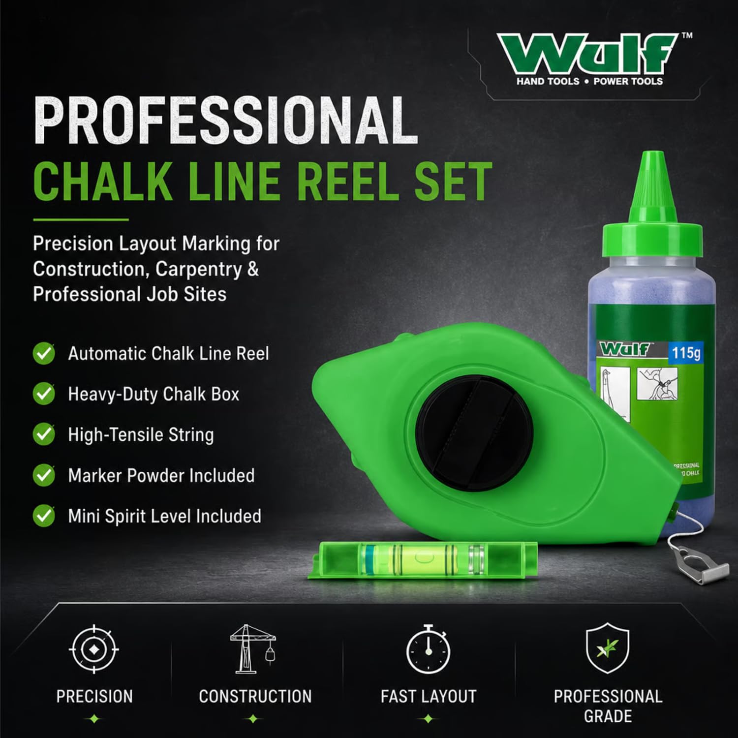 Wulf Automatic Chalk Line Reel with Marker Pencil | Self-Retracting Chalk Line Tool for Masonry, Carpentry & Construction | Brick Layer & Carpenter Leveling Tool | Durable Chalk Reel Kit 1