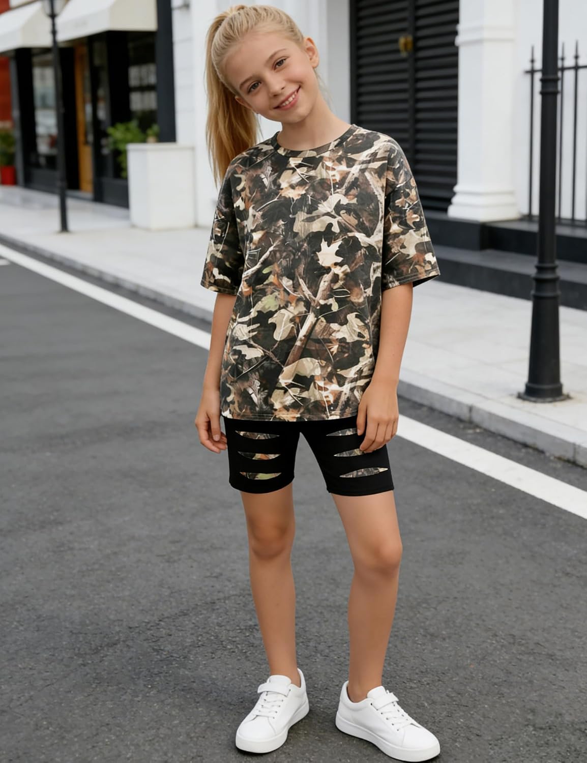 Girls Clothes 2 Piece Summer Outfits Camo Short Sleeve T-shirt Top and Leggings Shorts Set Clothes for Girls 6-14Y