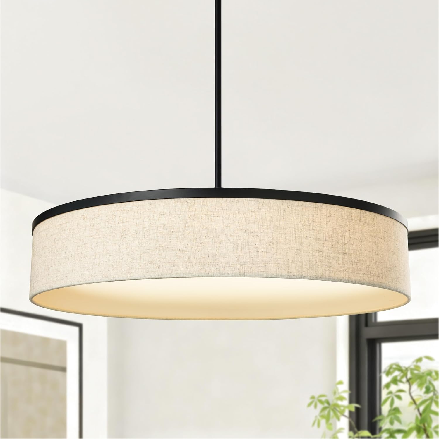 23.6 Inch Integrated LED Drum Chandeliers, 2800K Modern Fabric Pendant Light Fixture, Natural Linen and Black Finish, Large Semi Flush Mount Lighting for Dining Room Bedroom Kitchen Entryway