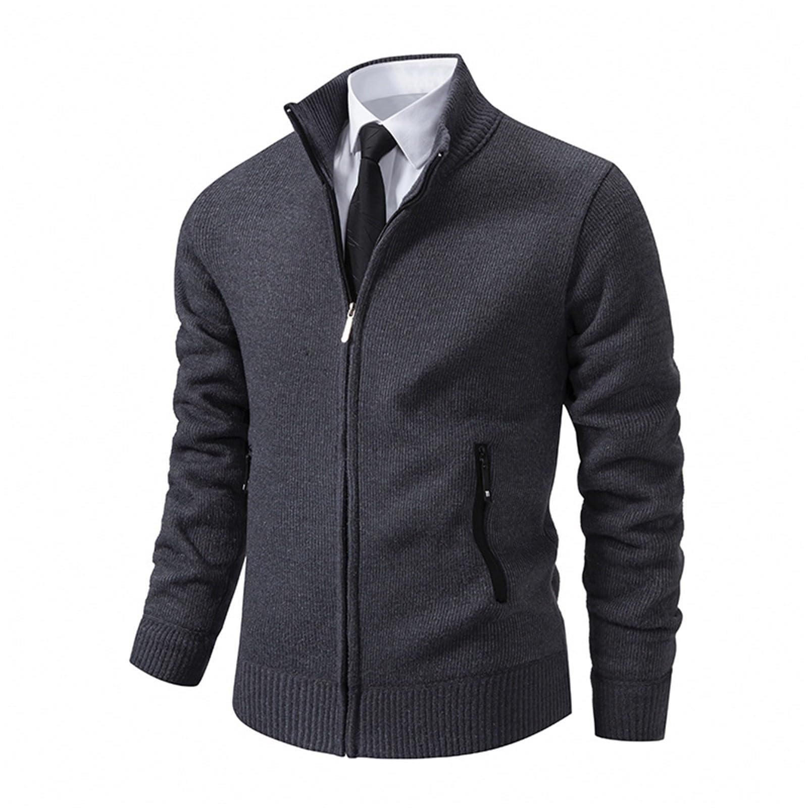 Cardigan tricoté pour homme avec fermeture éclair sur toute la longueur et col montant - Pull chaud léger à manches longues - Veste d'extérieur décontractée avec poche zippée - Coupe ajustée - Couleur