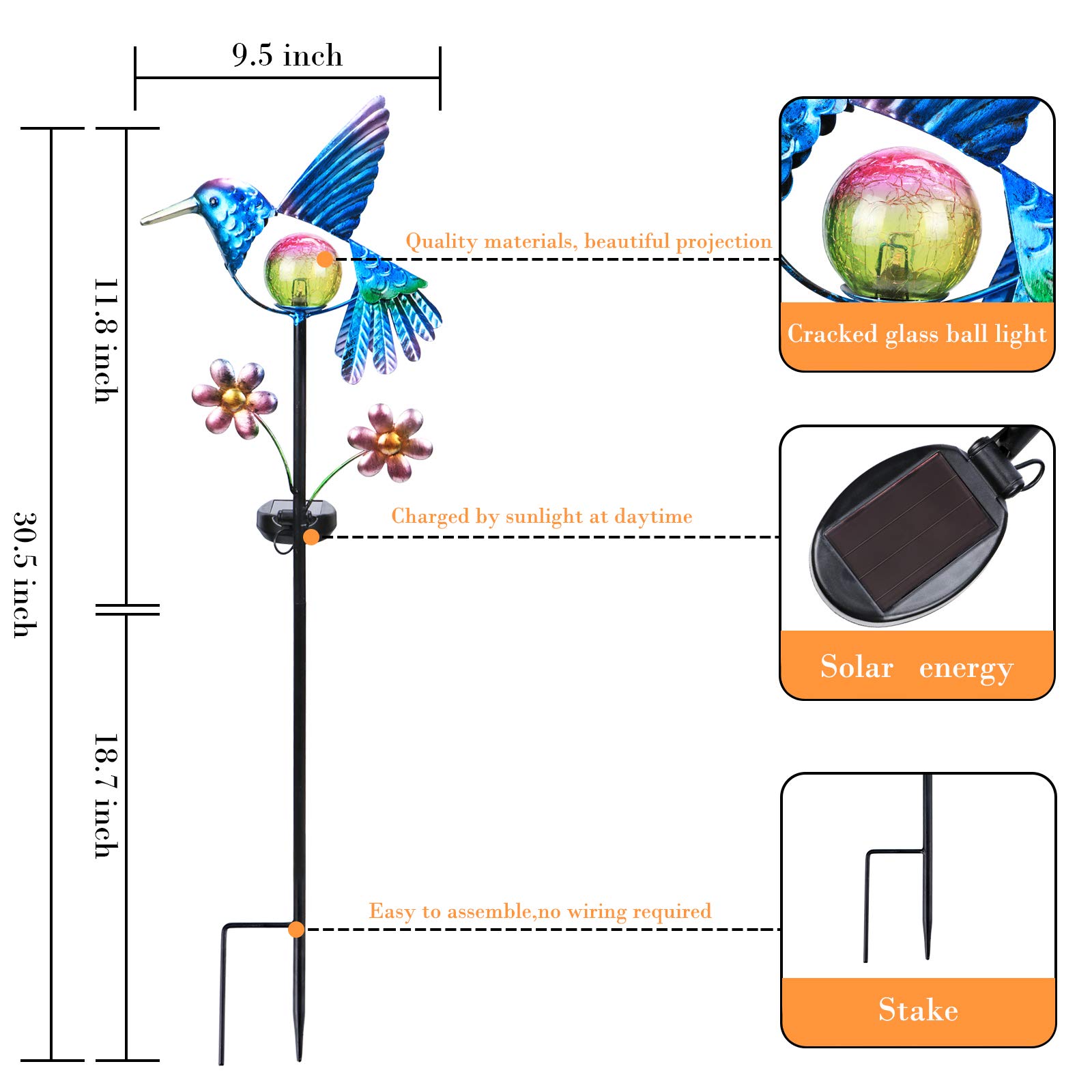Afirst Kolibri Solar Gartenleuchte, Metallpfahl mit warmem Schein für Hof | Kolibri-Design mit Craquelé-Glaskugel, Solarleuchte für Garten, Rasen und Hof, Gartengeschenke