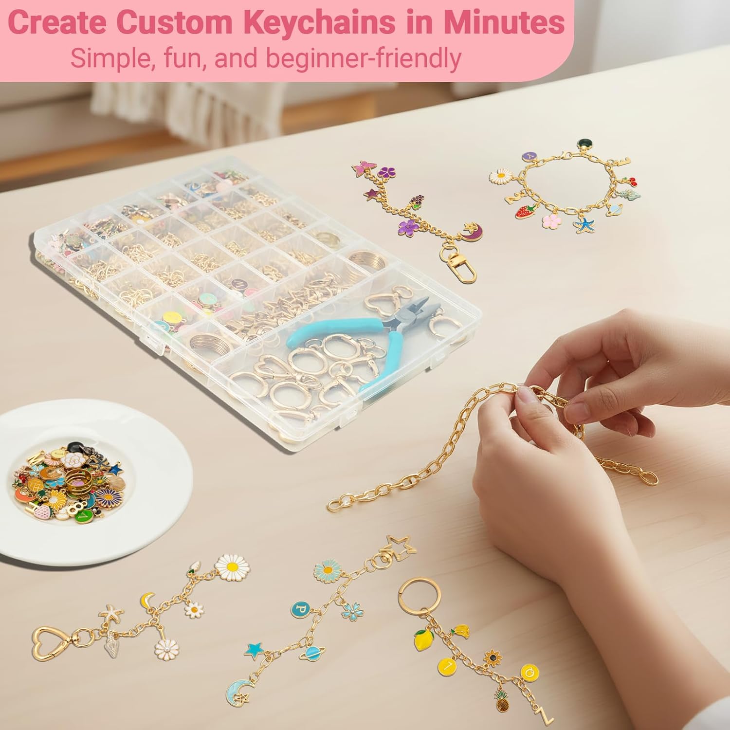 645 Pcs Charms Lip Gloss Keychain Making Kit DIY Bag Charm Kits with Key Chain Hooks Charms Lobster Clasps Jump Rings Jewelry Plier Chains & Tools for Craft Supplies and Jewelry Making (645 Pcs Kit)