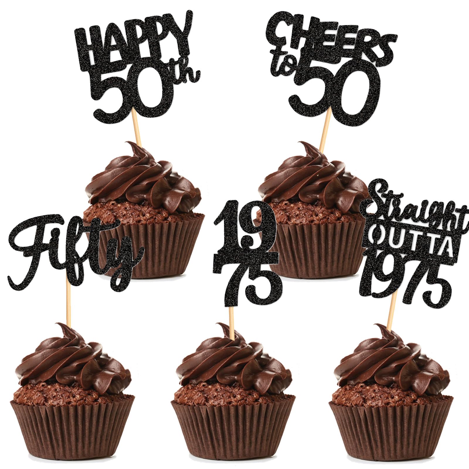 Rsstarxi Cupcake-Topper Zum 50. Geburtstag – 24 Stück, Schwarzer Glitzer, Vintage 1973 Design