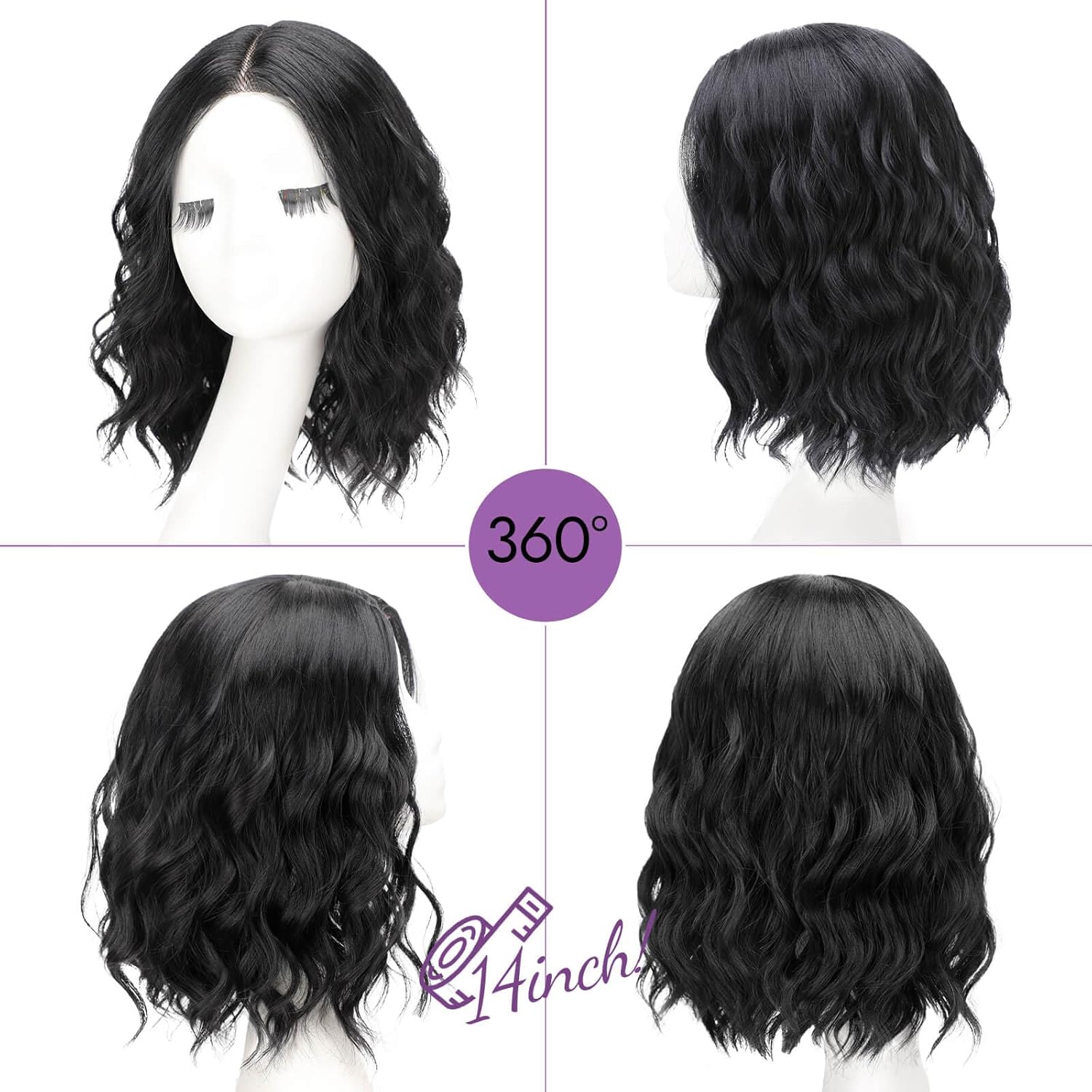 Black Short Wavy Bob Glueless Synthetic Lace Front Wig for Women Pre Cut for Beginners Natural Hairline 14 Inch