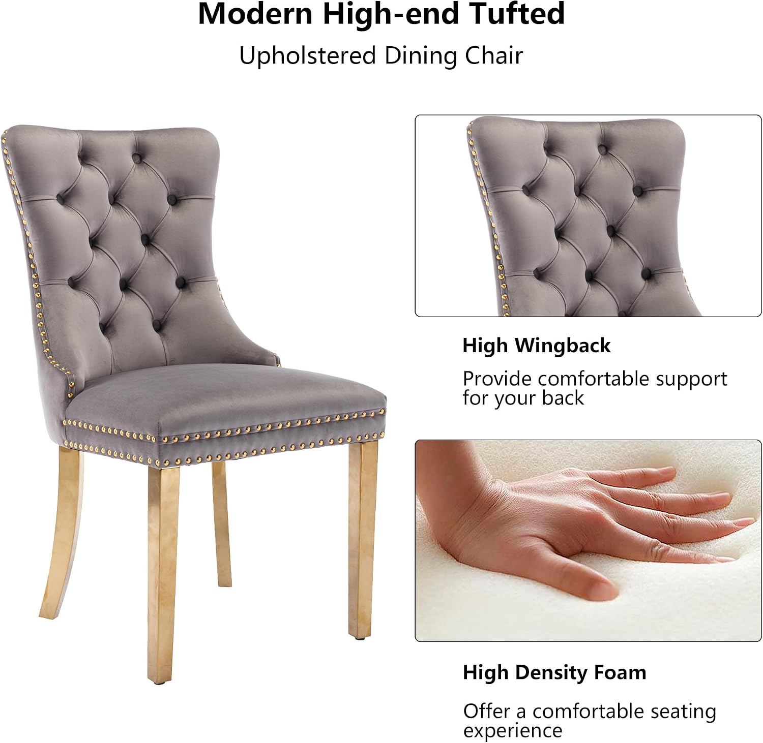 Velvet Dining Chairs Set of 4, Tufted Nailhead Accent Dining Room Chairs with Pull Ring Gold Stainless Steel Legs, Upholstered Wingback Armless Kitchen Side Chairs for Living Room, Gray