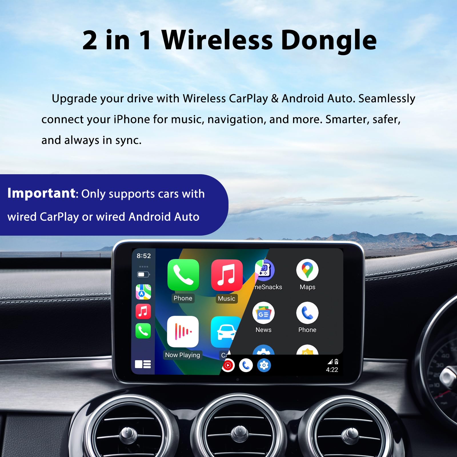 Sunweyer S21 Adaptador Wireless CarPlay y Android Auto – Solo para Coches con CarPlay por Cable | Conexión automática | Actualizaciones OTA(No BMW/Tesla)