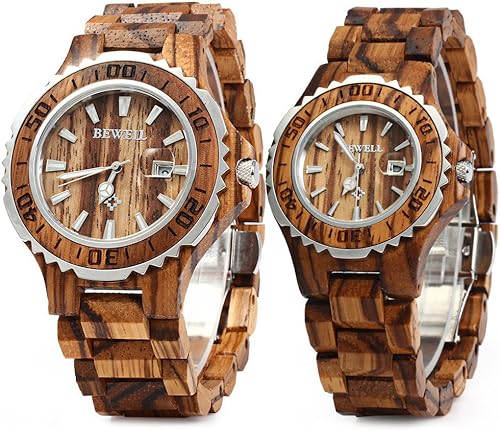 Bewell ZS-100B - Reloj de cuarzo de madera para hombres y mujeres hecho a mano ligero con visualización de fecha relojes de moda Reloj de cuarzo