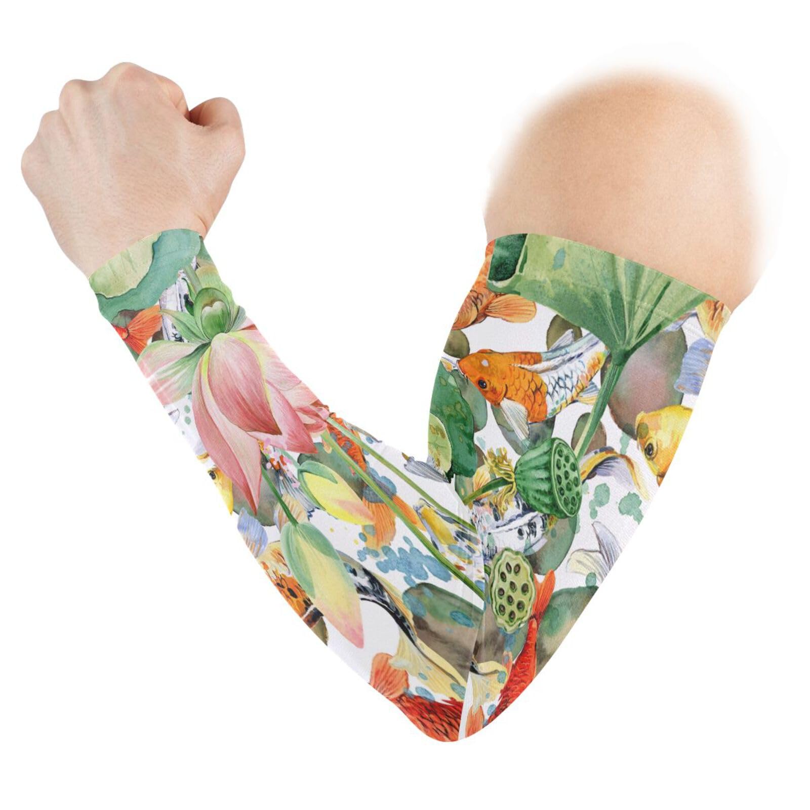 Vftphvr 1 Pair Cooling Sports Arm Sleeves, Cover Uv Sun Protection Warmer for Sports Unisex Running Golf Cycling Riding Jogging Print Japanese Carp Fishes Water Lilies Green Leaves Pattern