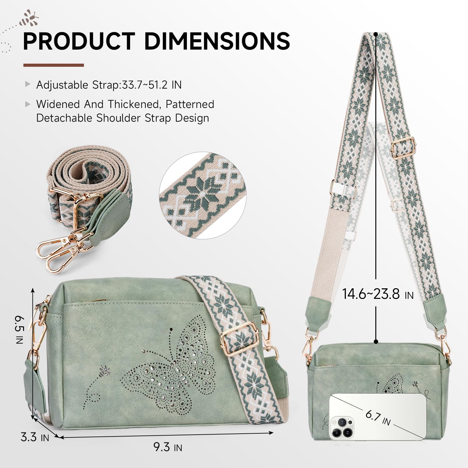 Crossbody Bags for Women, Vegan Leather Small Crossbody Purse Butterfly Shoulder Handbags with Wide Strap - Image 6