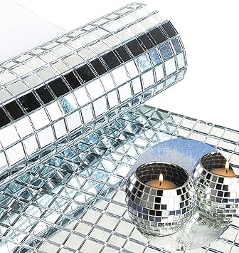 ERIZONE 3600 Pieces Self- Adhesive Mosaic Tiles Square Glass Mirror Mosaic Tiles Mirror for DIY Craft Decoration DIY Wall Sticker (3 PCS Silver Sticker)