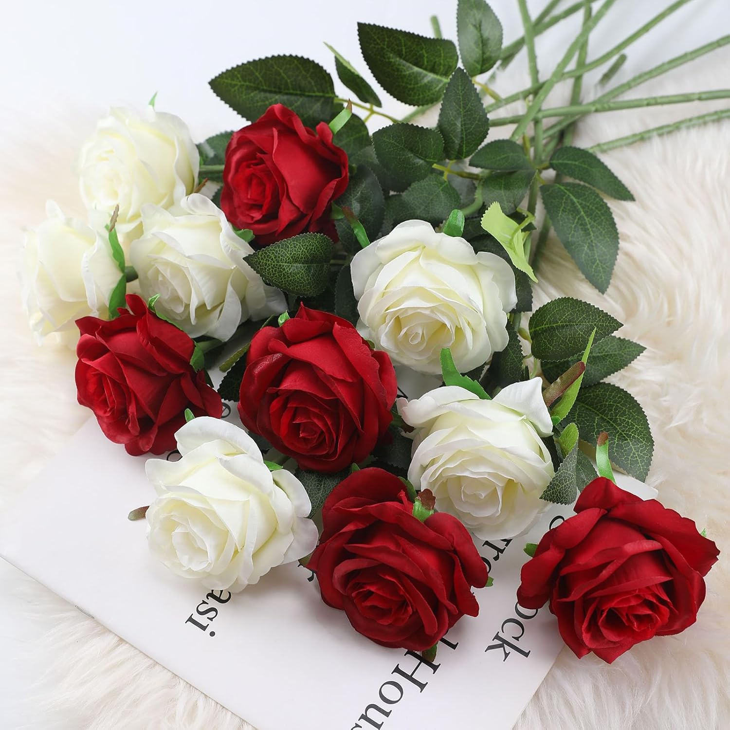 White Fake Roses Artificial Flowers - 10 Pcs Fake Artificial Roses Silk Flowers with Stems for Home Wedding Hotel Office Centerpiece Decor - Image 3