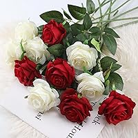 Vista 6 de Rosas Blancas Falsas Flores Artificiales - 16 Piezas Rosas Falsas Artificiales Flores de Seda con Tallos para Decoración de Centro de Mesa de Hogar