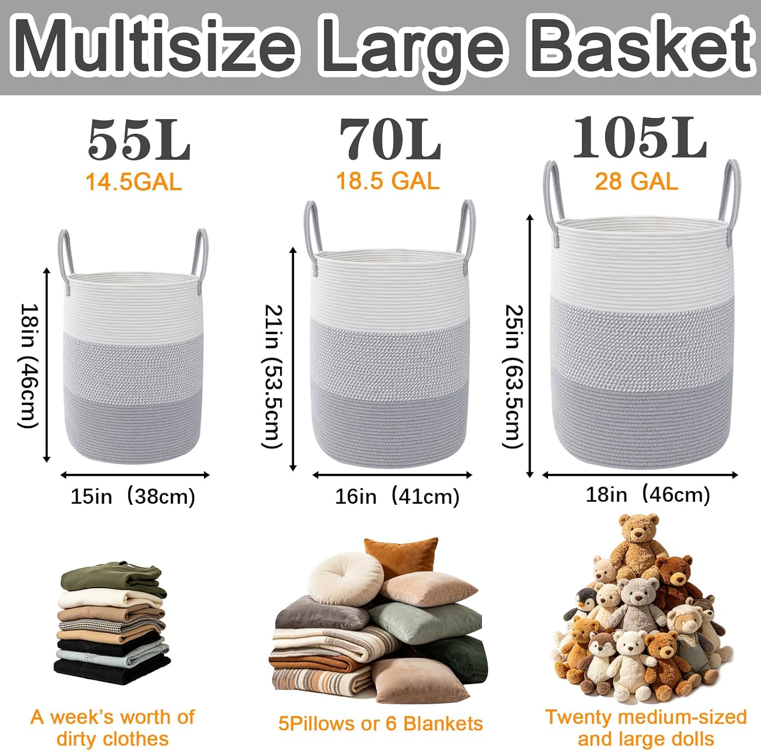 Large Laundry Hamper, Woven Rope Basket with Sturdy Handles- Grey thumbnail